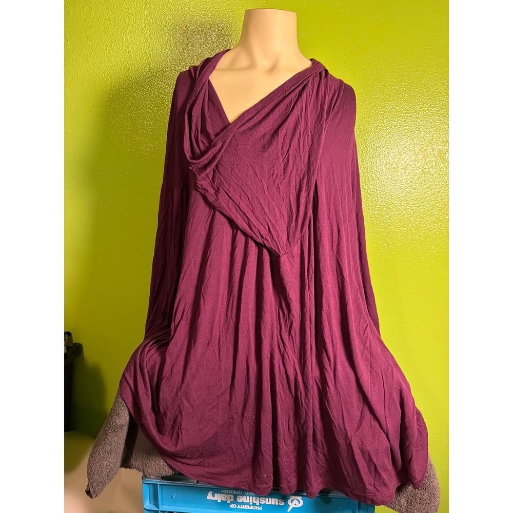 LOGO Lori Goldstein Women Burgundy Plum Hooded Tunic Cowl Neck Pocket Top
